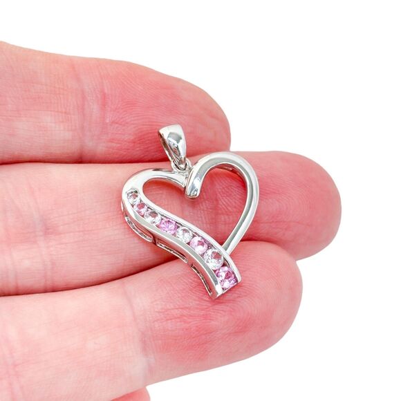Vintage Sterling Silver 925 3cm Pink & Clear Cubic Zirconia Heart Pendant - Picture 1 of 6